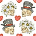 Seamless Pattern with Skulsl and Hearts Royalty Free Stock Photo
