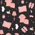 Seamless pattern with sleep items on a dark background. Vector graphics Royalty Free Stock Photo