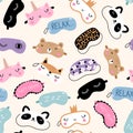 Seamless pattern with Sleep masks. Blindfold classic and animal shaped - unicorn, bear, fox, panda. Vector illustration