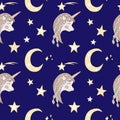 Seamless pattern with sleep Unicorn with long hair with moon and star