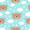 Seamless Pattern. Sleeping bear face. Cloud in the sky. Cute cartoon kawaii funny baby character. Wrapping paper, textile template