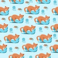 Seamless pattern with sleeping cat and mouse