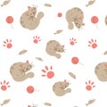 Seamless pattern of a sleeping cat. Paw, mice, fish, toy, ball of thread. Pink and grey. Vector illustration Royalty Free Stock Photo