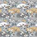 Seamless pattern with sleeping cats. Sketchy vector illustration. Hand drawn sleep cat in seamless pattern. Stylish Royalty Free Stock Photo