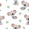 Seamless pattern with sleeping koala bear baby on eucalyptus tree branch. Simple flat illustration. Cartoon style. Cute and funny. Royalty Free Stock Photo