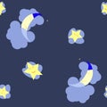 Seamless pattern with sleeping moon and stars