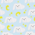 Seamless pattern sleeping rabbit and stars with the moon, hand-drawn on a blue background