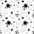 Seamless pattern with sleeping stars and a mug of magic drink. A hand-drawn pattern of celestial and magical elements. Vector