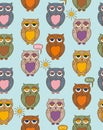 Seamless Pattern with Sleepy Color Owls on a Sunny Day