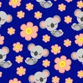 Seamless pattern with sleepy koala and pink flower