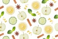 Seamless pattern Slice of green Apple, cucumber and lemon. Lemon peel chips cinnamon and anise isolated on white Royalty Free Stock Photo