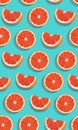 Seamless pattern slice orange fruits on green blue background. Grapefruit vector