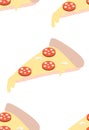 Seamless pattern of a slice of pepperoni pizza with dripping cheese Royalty Free Stock Photo