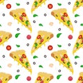 Seamless pattern with a slice of pizza, mushrooms, tomatoes and olives.