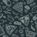 Seamless pattern slice pizza Pepperoni, Hawaiian, Margherita, Mexican, Seafood, Capricciosa with ingredients. Vintage Royalty Free Stock Photo