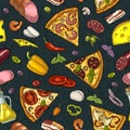 Seamless pattern slice pizza Pepperoni, Hawaiian, Margherita, Mexican, Seafood, Capricciosa with ingredients. Vintage Royalty Free Stock Photo