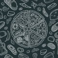 Seamless pattern slice pizza Pepperoni, Hawaiian, Margherita, Mexican, Seafood, Capricciosa with ingredients. Vintage Royalty Free Stock Photo