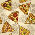 Seamless pattern slice pizza Pepperoni, Hawaiian, Margherita, Mexican, Seafood, Capricciosa