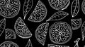 Seamless pattern. Slice and quarter of lemon fruit and leaves on black background. Vector illustration