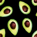 Seamless pattern with sliced boneless avocado on black background. Food pattern, painted manually in gouache. Natural background