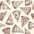 Seamless pattern with sliced italian pizza sketches cheese, pepperoni, salami, mushrooms, tomatoes, olives