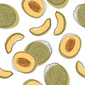 Seamless pattern with sliced japanese melons, orange melon or cantaloupe melon isolated on white background. Royalty Free Stock Photo