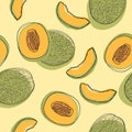Seamless pattern with sliced japanese melons, orange melon or cantaloupe melon isolated on white background. Vector illustration Royalty Free Stock Photo