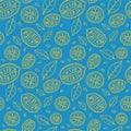Seamless light blue pattern with doodles of yellow sliced lemons and leaves