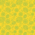 Seamless yellow pattern with doodles of sliced green lemons and leaves