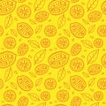 Seamless yellow pattern with doodles of sliced red lemons and leaves