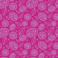Seamless purple pattern with doodles of blue sliced lemons and leaves