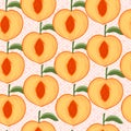 Seamless pattern of sliced peach with green leaves flat vector illustration on pink dotted background Royalty Free Stock Photo