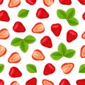 Seamless pattern with sliced ripe fresh strawberries and leaves