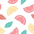 Seamless pattern with slices of citrus . Graphic drawing of orange, lemon and leaves.