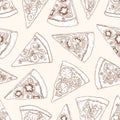 Seamless pattern with slices of delicious traditional Italian pizza hand drawn with contour lines on light background Royalty Free Stock Photo