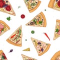 Seamless pattern with slices of different pizza types and ingredients scattered around on white background. Vector