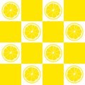 Seamless pattern. Slices of lemon on background of yellow and white squares.