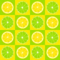 Seamless pattern. Slices of lemon and lime on background of yellow and green squares.