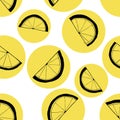 Seamless pattern of slices of lemons. Black linear drawing on yellow circles