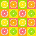 Seamless pattern. Slices of lime, lemon, grapefruit, orange on background of yellow, pink, green and orange squares. Royalty Free Stock Photo