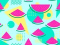 Seamless pattern with slices of watermelon and geometric shapes on 80s style. Memphis style element, triangles, dots and zigzags.