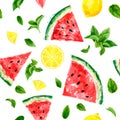 Seamless pattern with slices of watermelon, lemon and meant leaves on white background. Summer concept. Vector watercolor Royalty Free Stock Photo