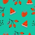 Seamless pattern with slices of watermelon, strawberries and wild berries. Cartoon on a green background. Endless print Royalty Free Stock Photo