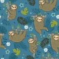 Seamless pattern with sloths and tropical leaves. Vector graphics