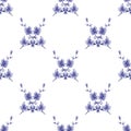 Seamless pattern of small blue flowers and branches on a white cell background. Watercolor -8