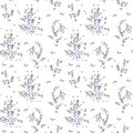 Seamless pattern, small blue flowers and scattered green leaves on a white background. Print, textile, wallpaper Royalty Free Stock Photo