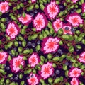 Seamless pattern of small bouquets pink flowers , blue berries and green leaves. vector print on dark background. Royalty Free Stock Photo