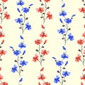 Seamless pattern small branchs of wild red and blue flowers on a light yellow background. Watercolor - 3