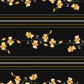 Seamless pattern small branchs of wild yellow flowers on the black background and horizontal yellow and gray stripes. Watercol - 1