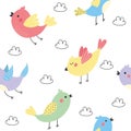 Seamless pattern with small colorful birds. Spring cute birds with red cheeks. Royalty Free Stock Photo